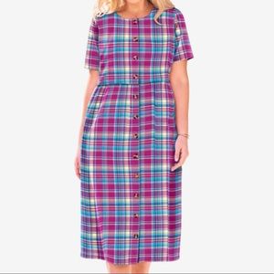 BNIB Woman Within Short-Sleeve Seersucker Dress in Raspberry Pretty Plaid 32W